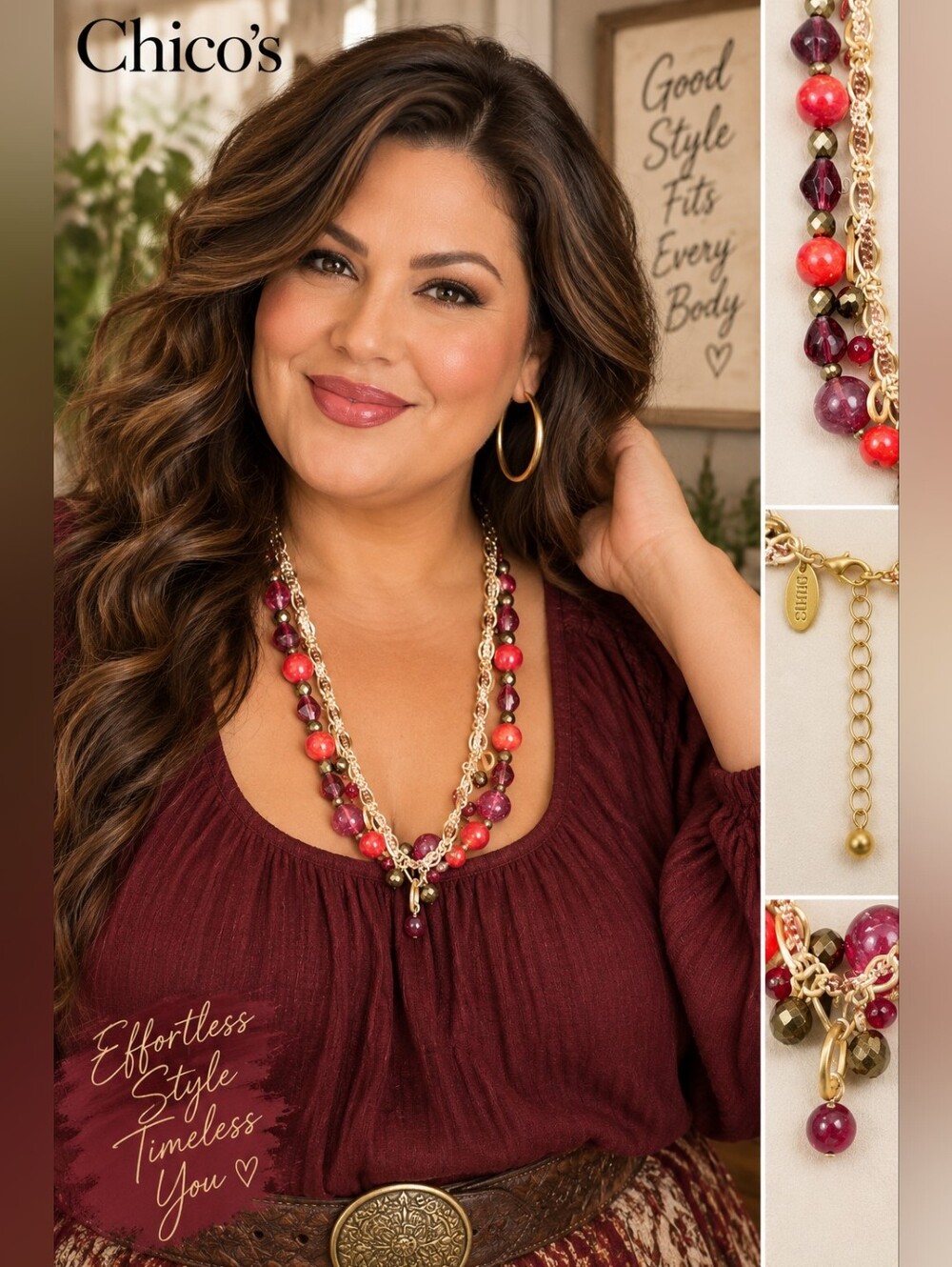 Chico’s Red Berry Gold Tone Beaded Double Strand Layered Statement Necklace 24”